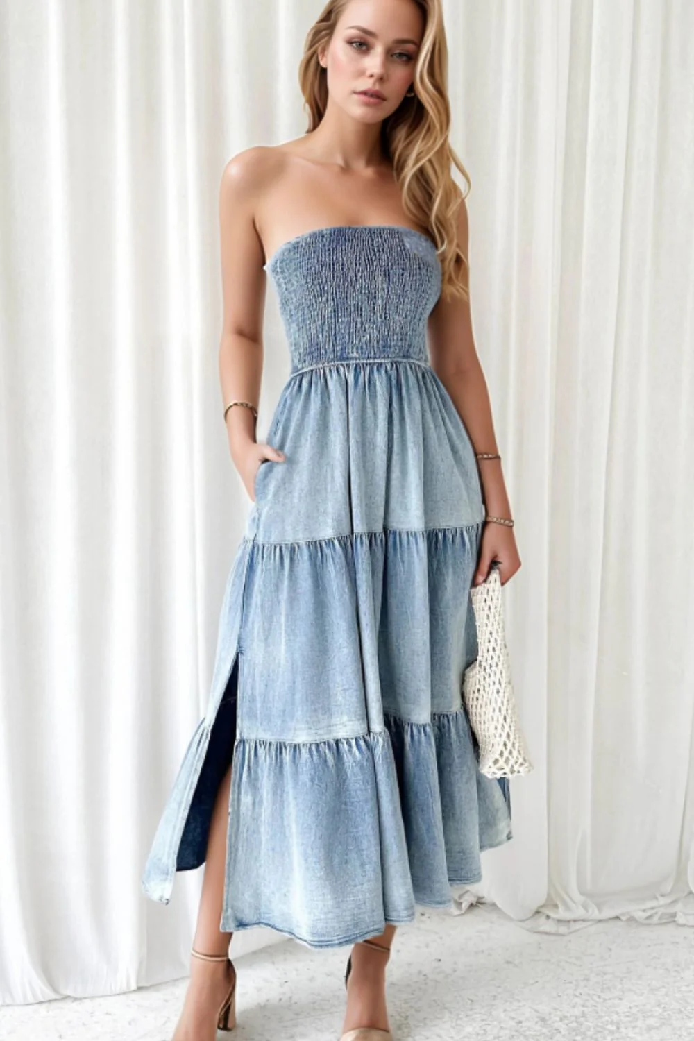 Smocked Tube Slit Tiered Denim Dress - Image 2