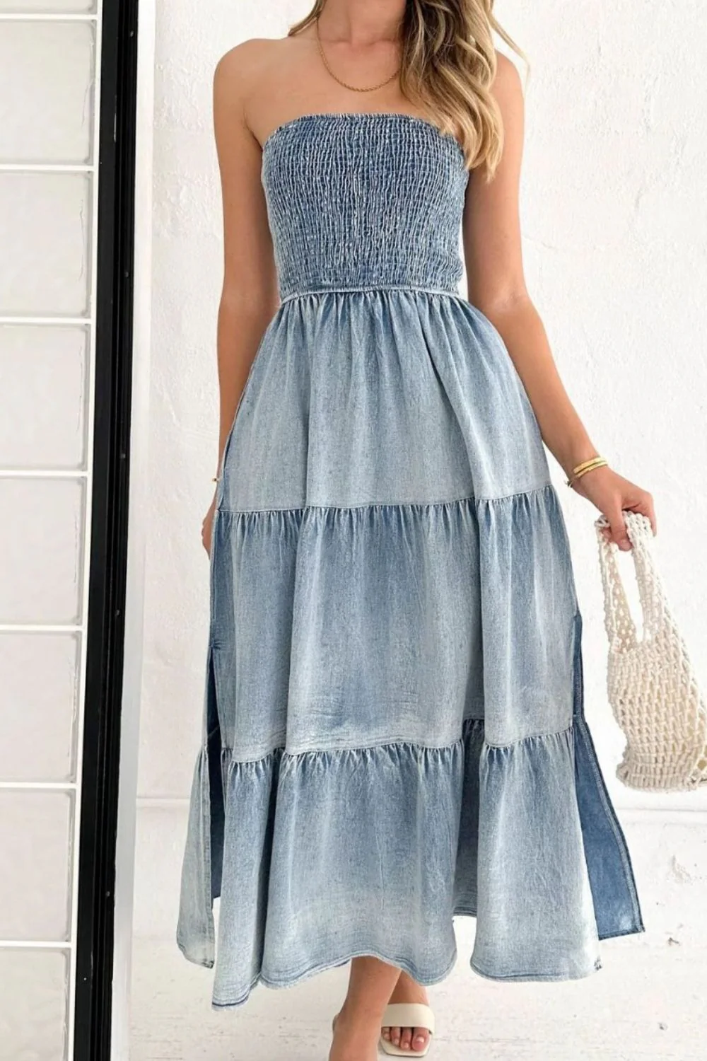 Smocked Tube Slit Tiered Denim Dress - Image 3