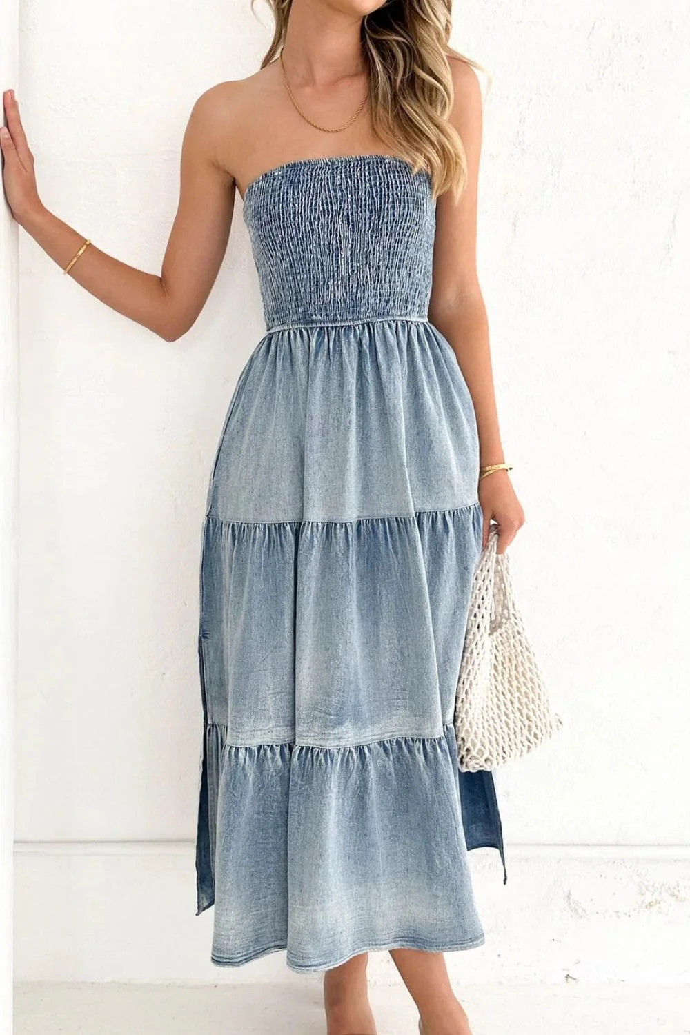 Smocked Tube Slit Tiered Denim Dress - Image 4