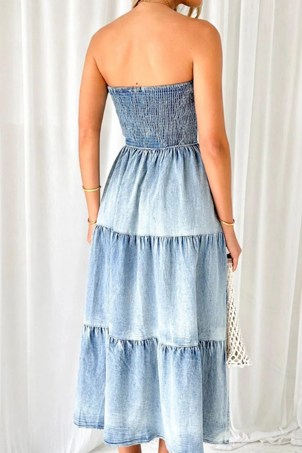 Smocked Tube Slit Tiered Denim Dress - Image 5