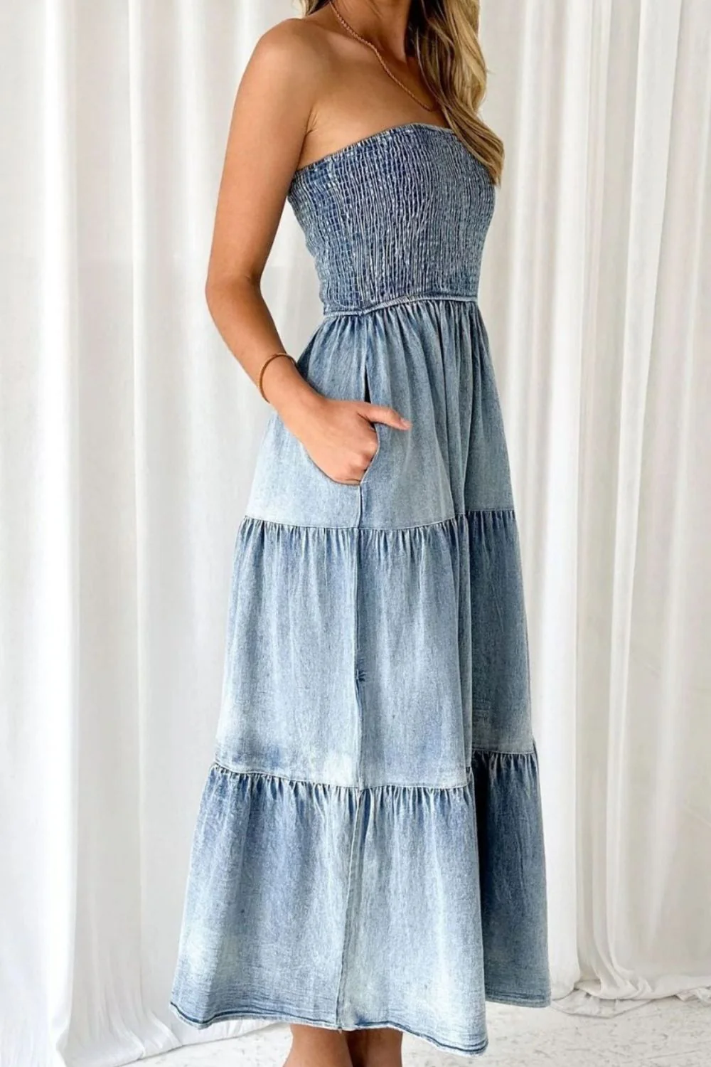 Smocked Tube Slit Tiered Denim Dress - Image 6