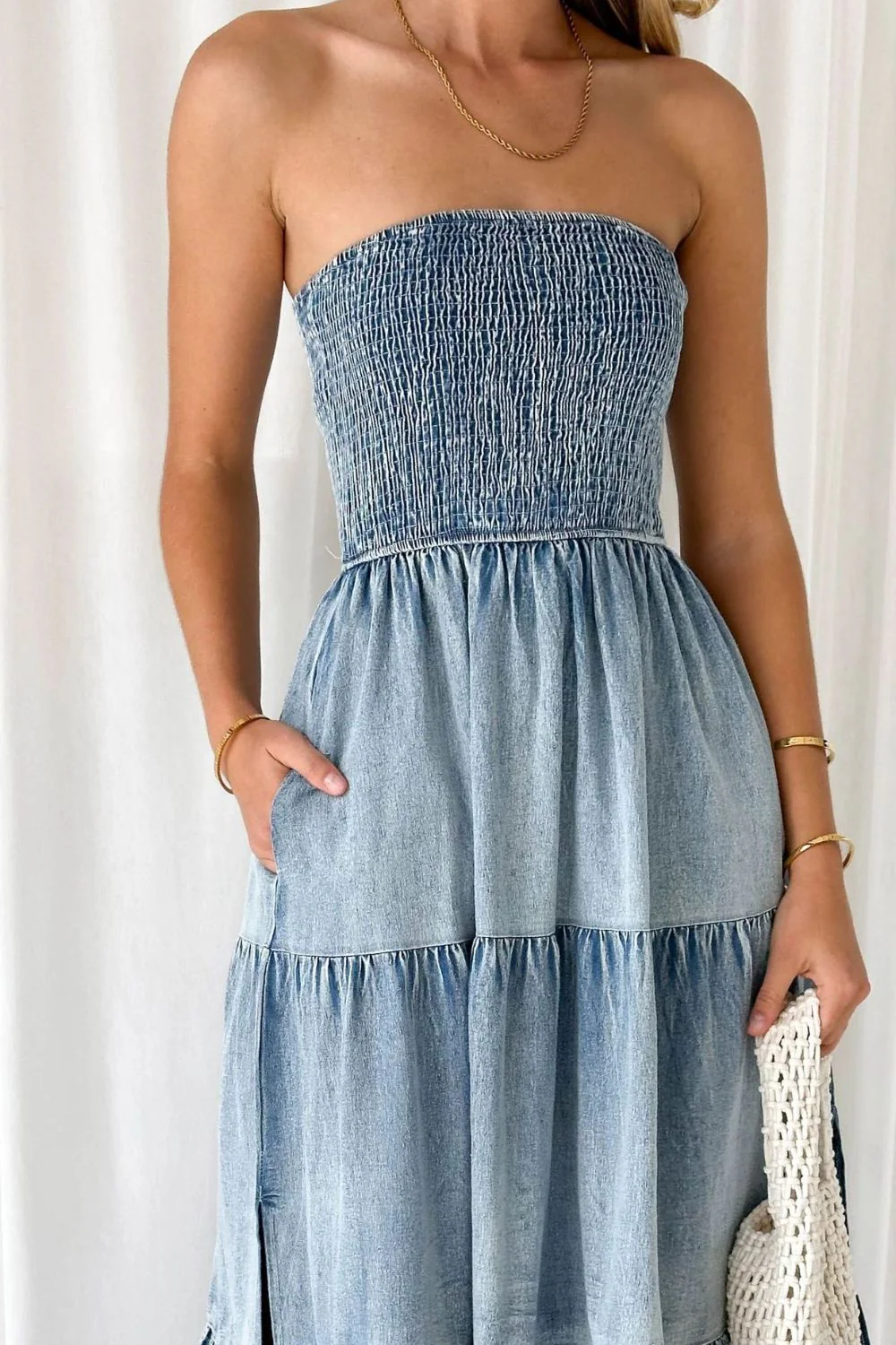 Smocked Tube Slit Tiered Denim Dress - Image 7