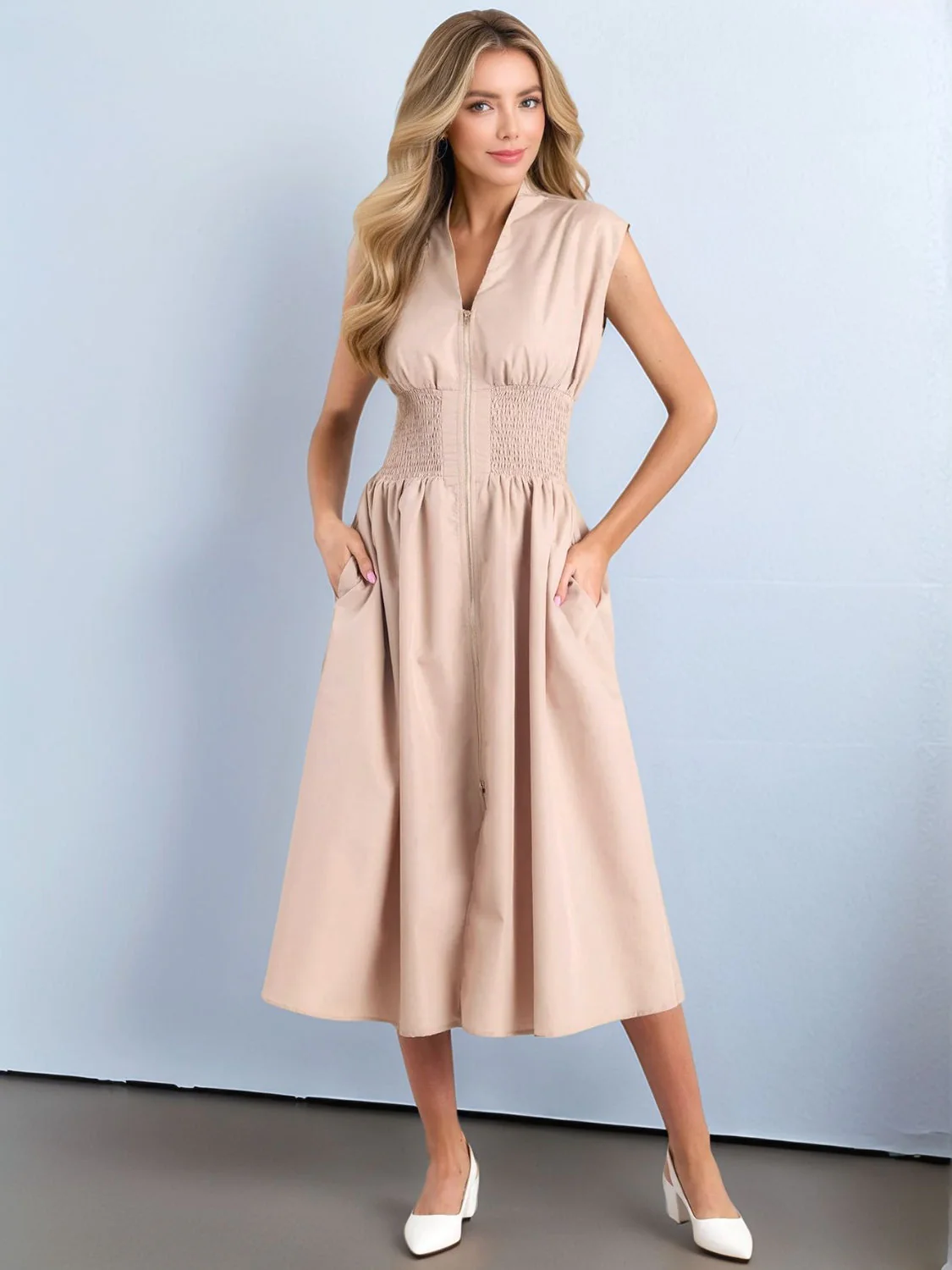 Smocked Zip Front Cap Sleeve Dress - Image 11