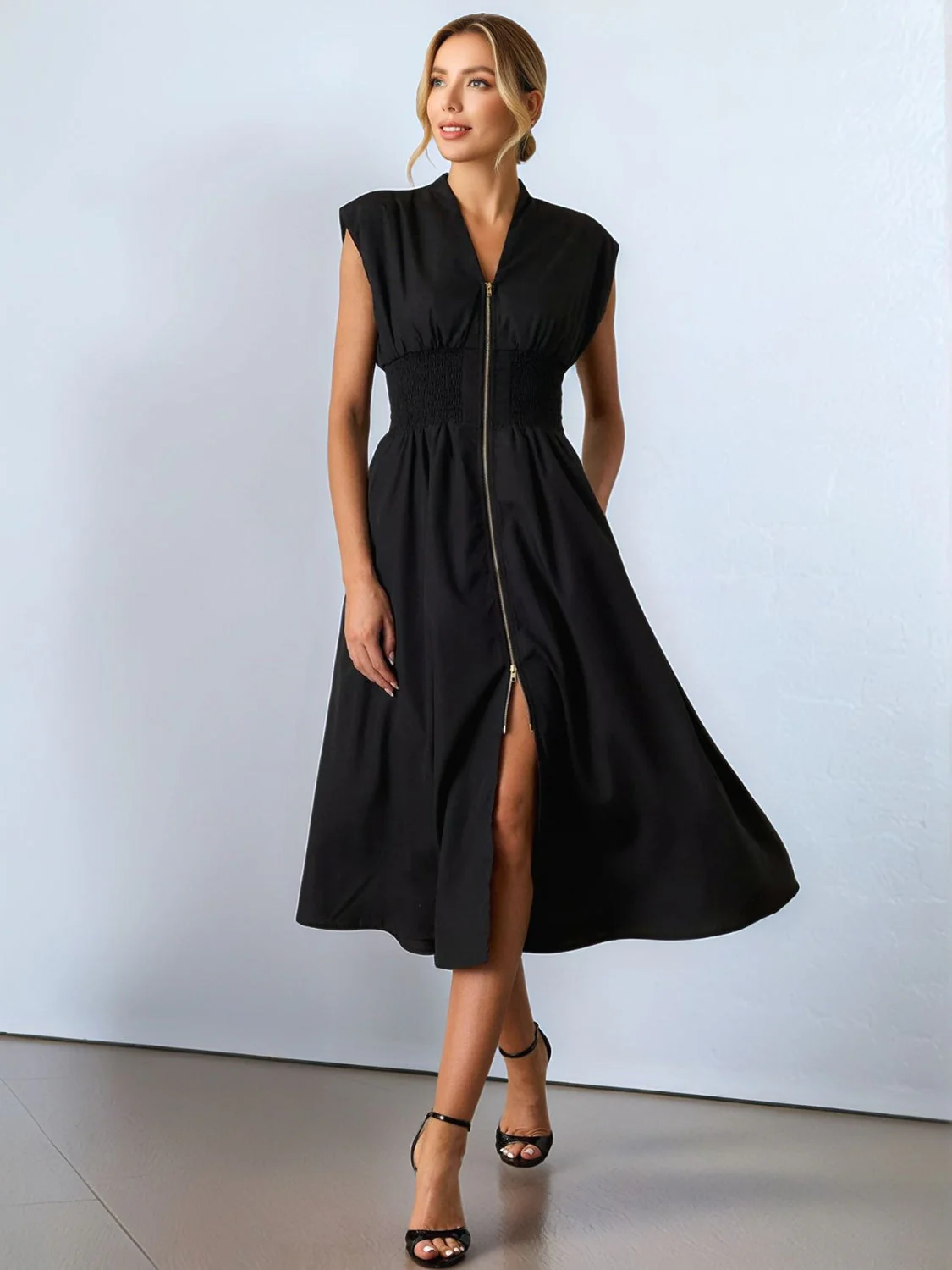 Smocked Zip Front Cap Sleeve Dress - Image 14