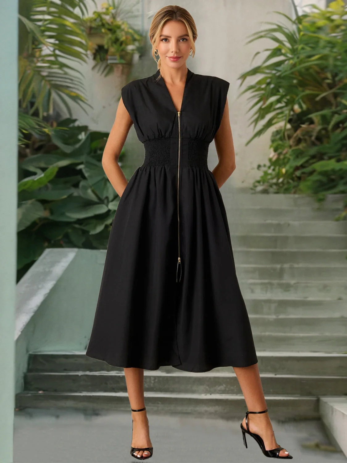 Smocked Zip Front Cap Sleeve Dress - Image 15
