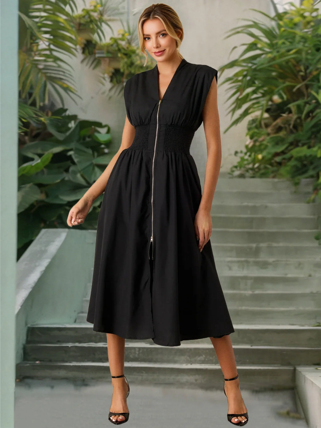 Smocked Zip Front Cap Sleeve Dress - Image 16