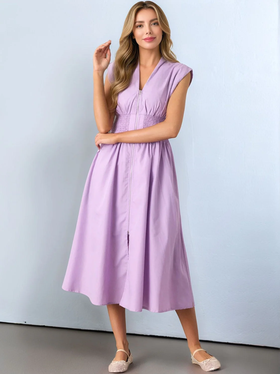 Smocked Zip Front Cap Sleeve Dress - Image 6