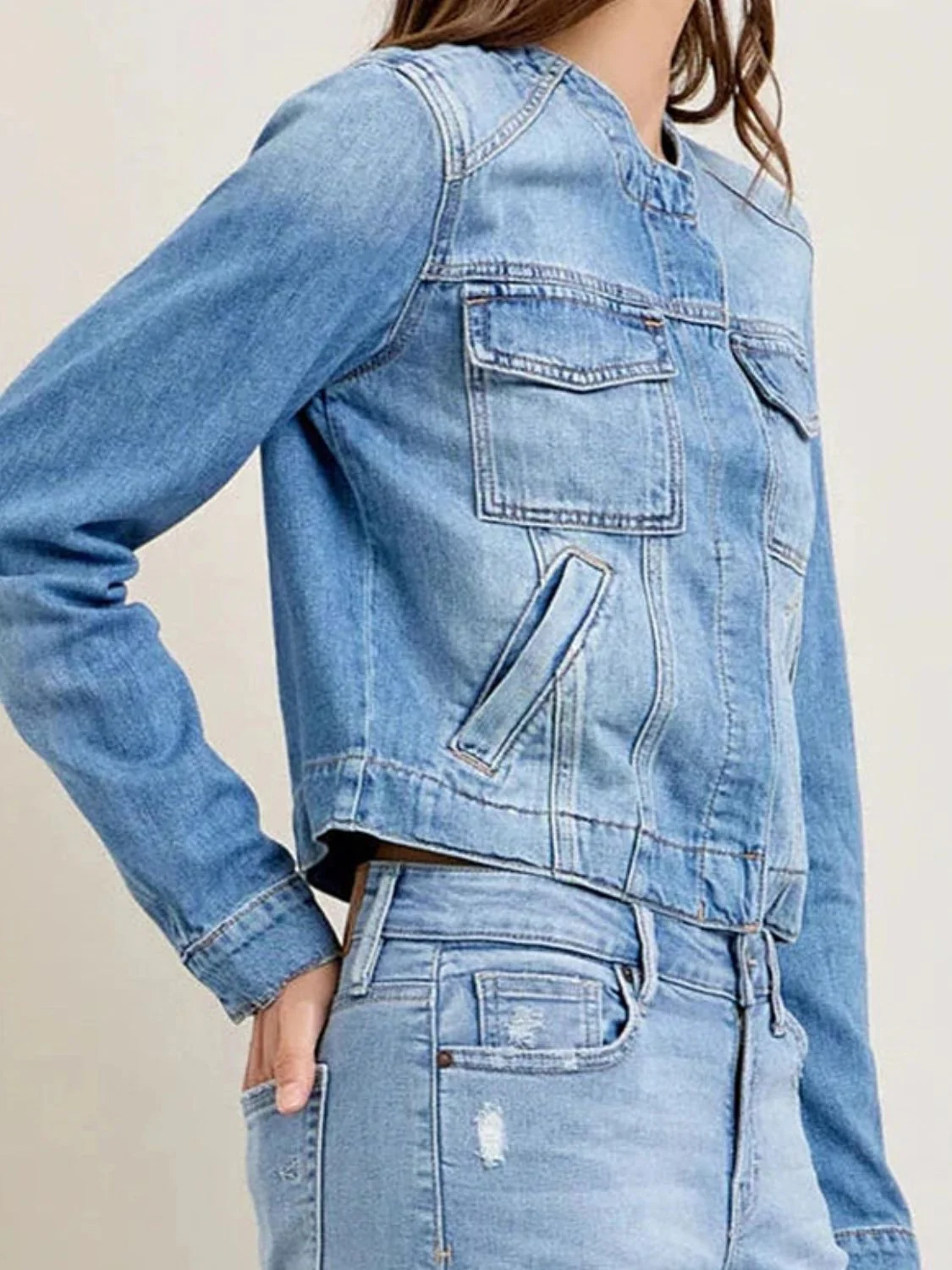 Snap Down Dropped Cargo Denim Jacket - Image 7