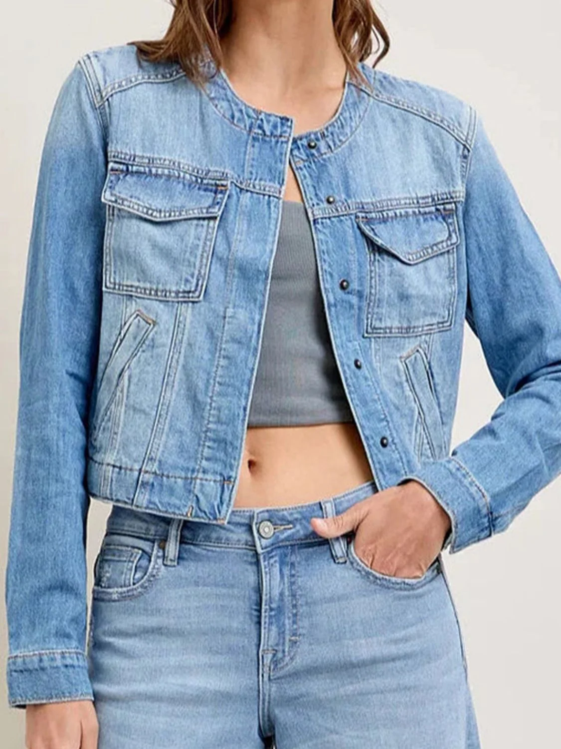 Snap Down Dropped Cargo Denim Jacket - Image 9