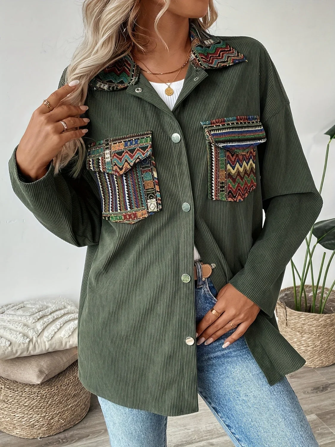 Snap Down Long Sleeve Jacket with Chest Pockets - Image 4
