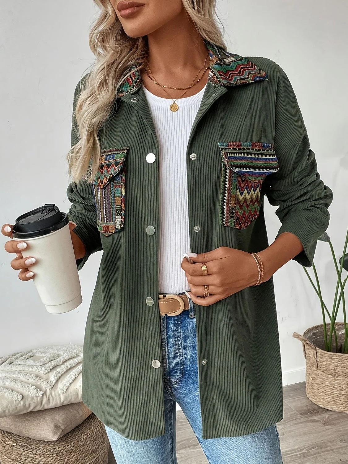 Snap Down Long Sleeve Jacket with Chest Pockets - Image 5