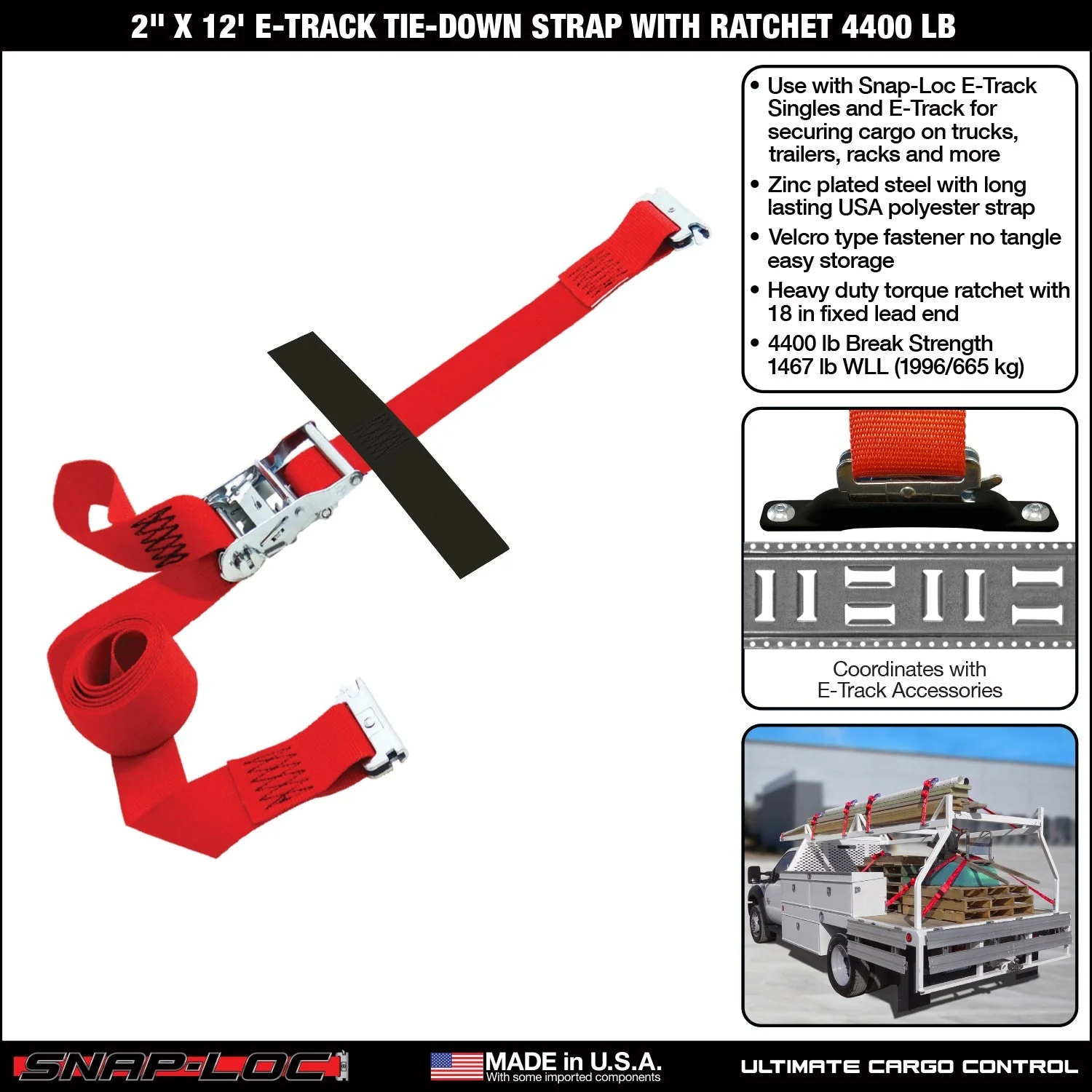 SNAP-LOC 2 in x 12 ft E-Track Ratchet Strap Tie-Down 4,400 lb by SNAP-LOC CARGO CONTROL - Image 2