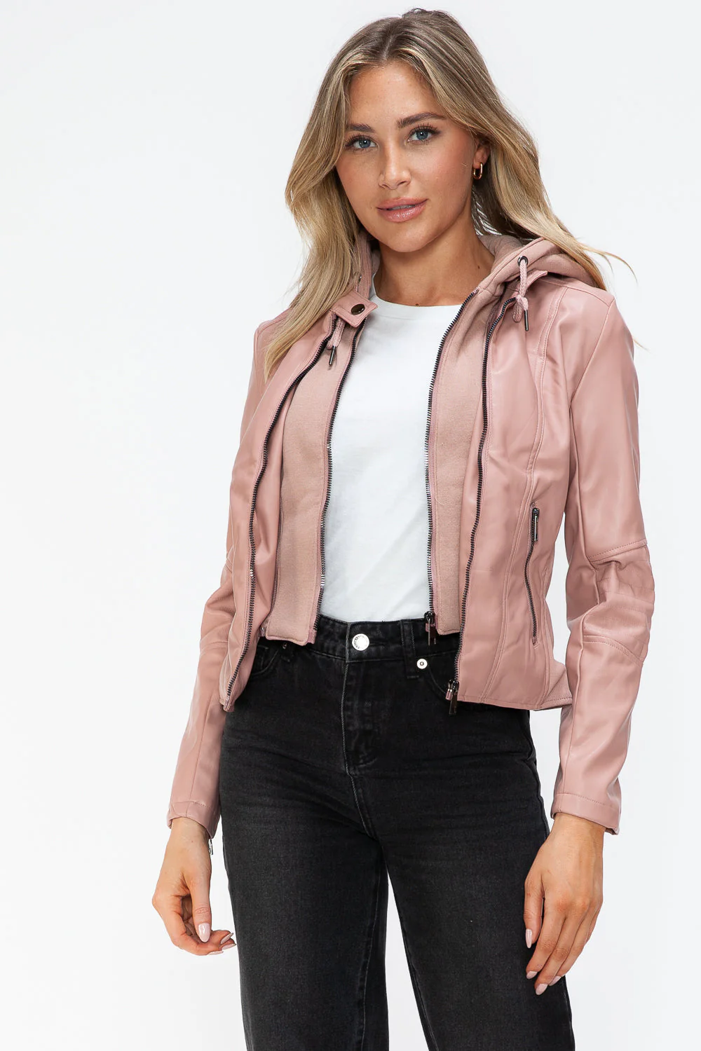 Snobbish Faux Leather Zip Up Drawstring Hooded Jacket - Image 16