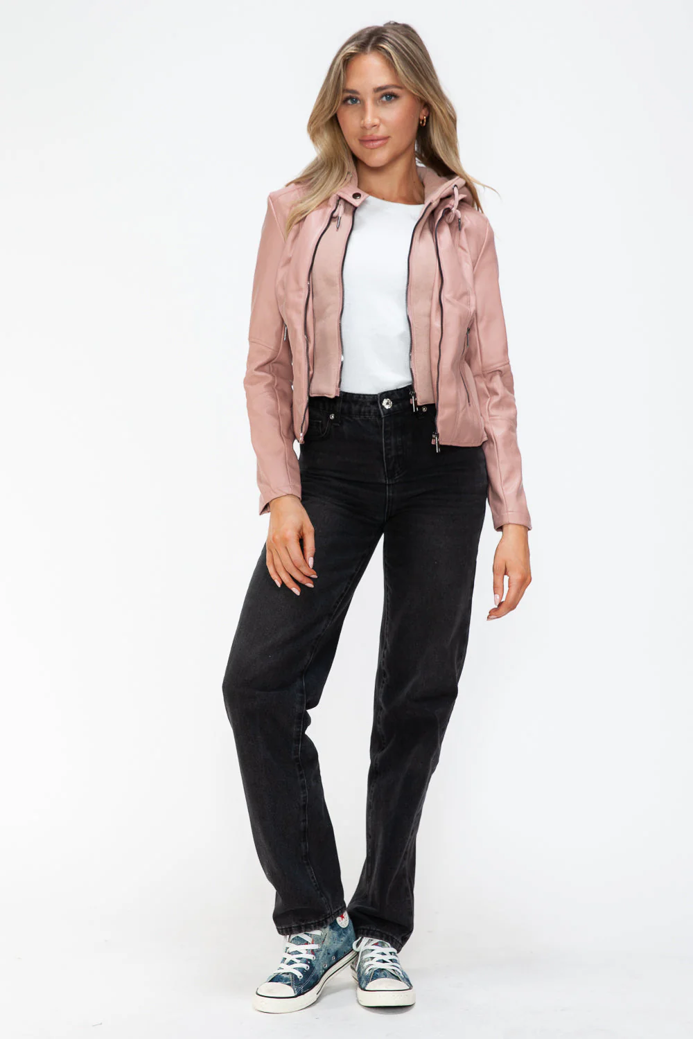 Snobbish Faux Leather Zip Up Drawstring Hooded Jacket - Image 18