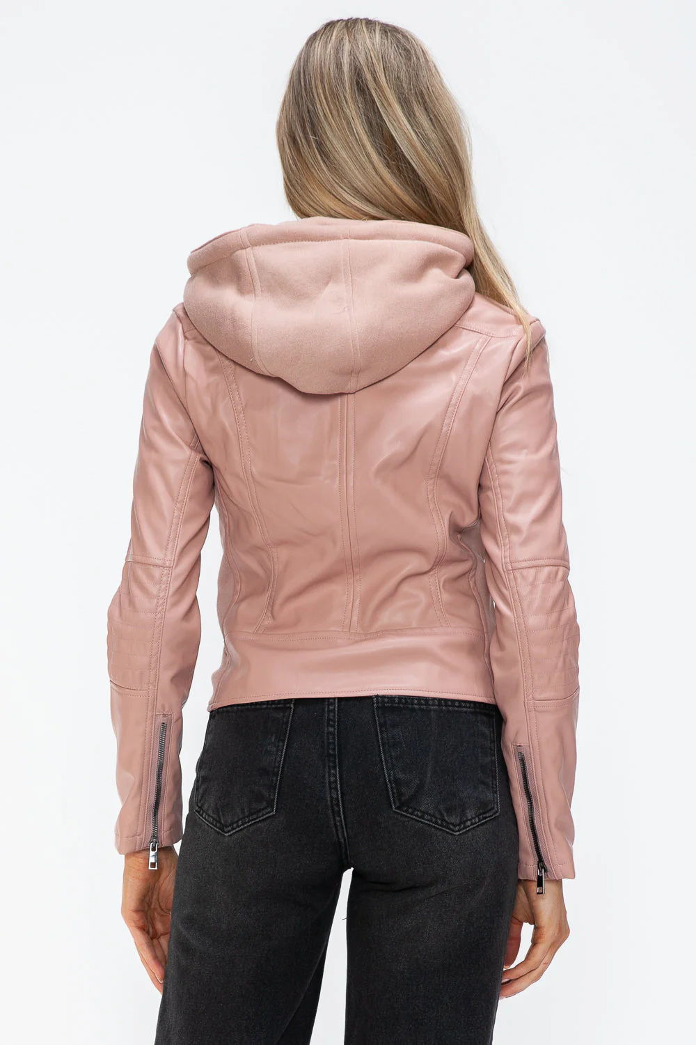 Snobbish Faux Leather Zip Up Drawstring Hooded Jacket - Image 2