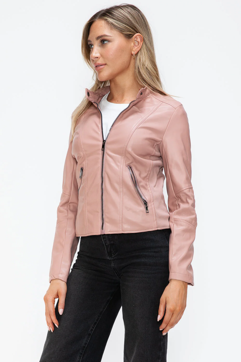 Snobbish Faux Leather Zip Up Drawstring Hooded Jacket - Image 25