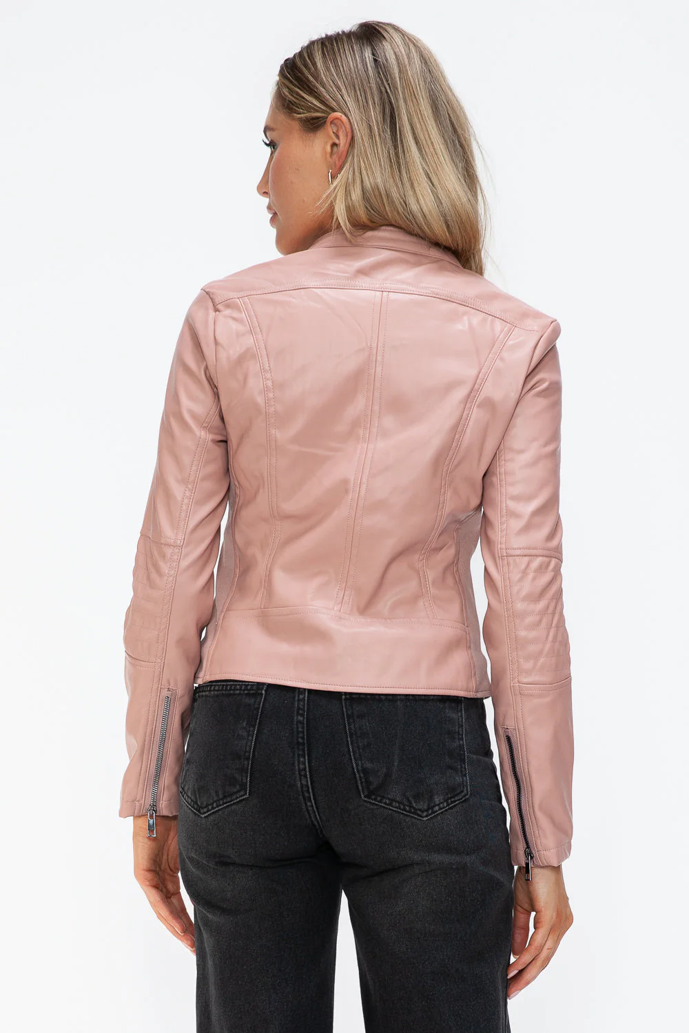 Snobbish Faux Leather Zip Up Drawstring Hooded Jacket - Image 27