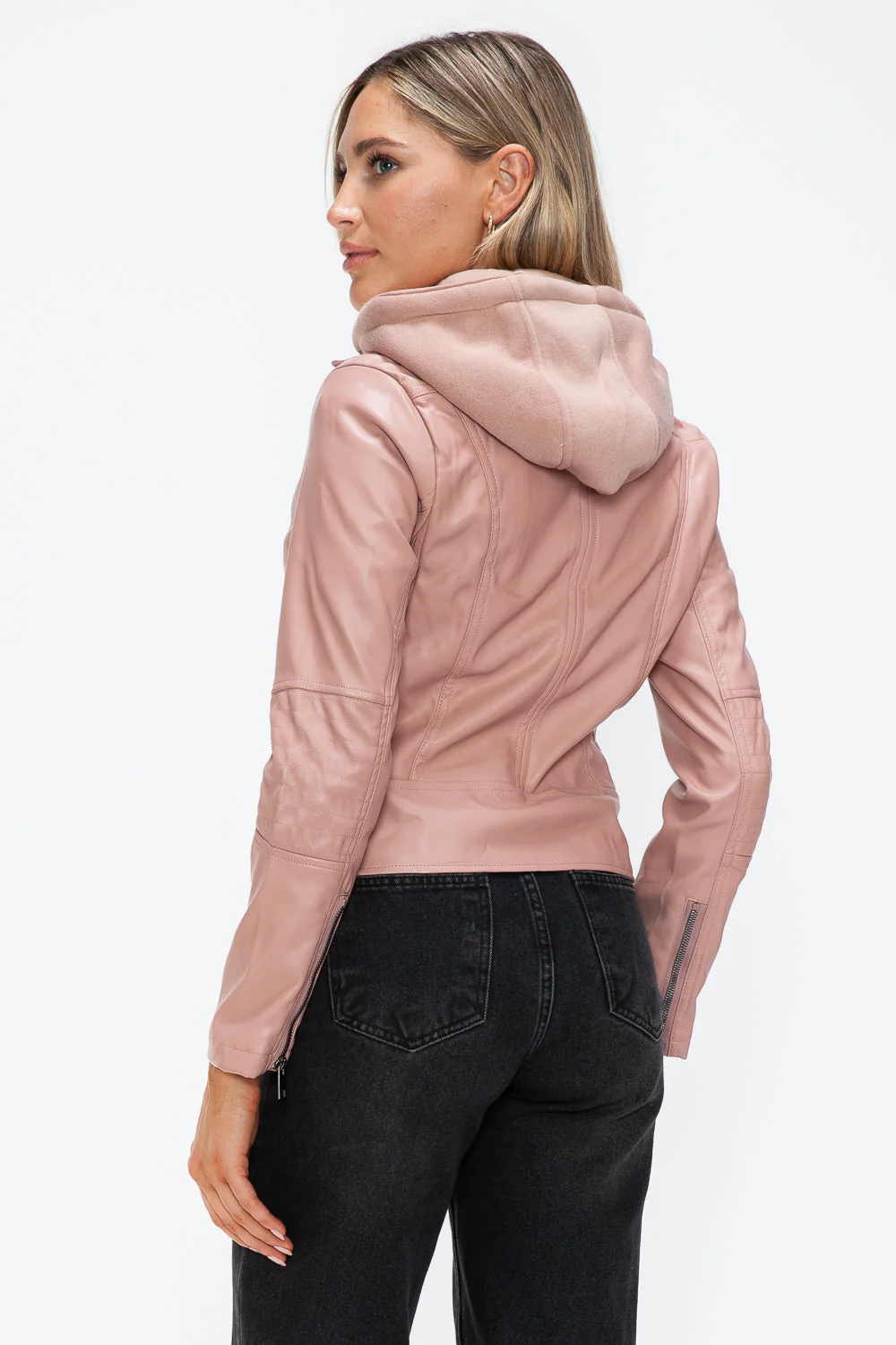 Snobbish Faux Leather Zip Up Drawstring Hooded Jacket - Image 3