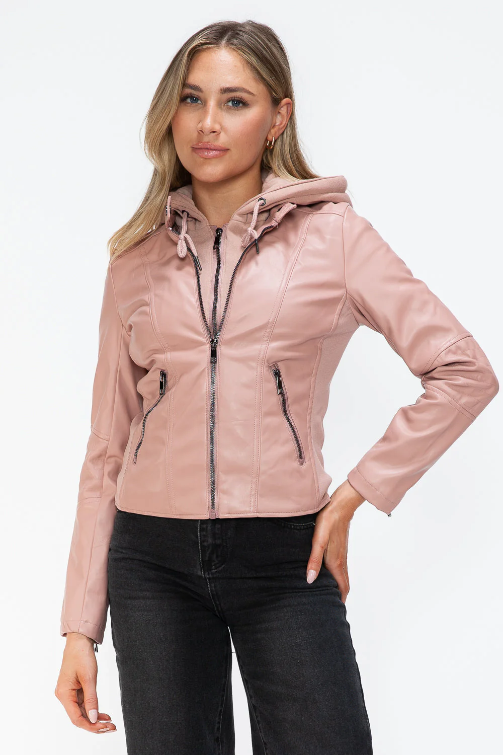 Snobbish Faux Leather Zip Up Drawstring Hooded Jacket - Image 32