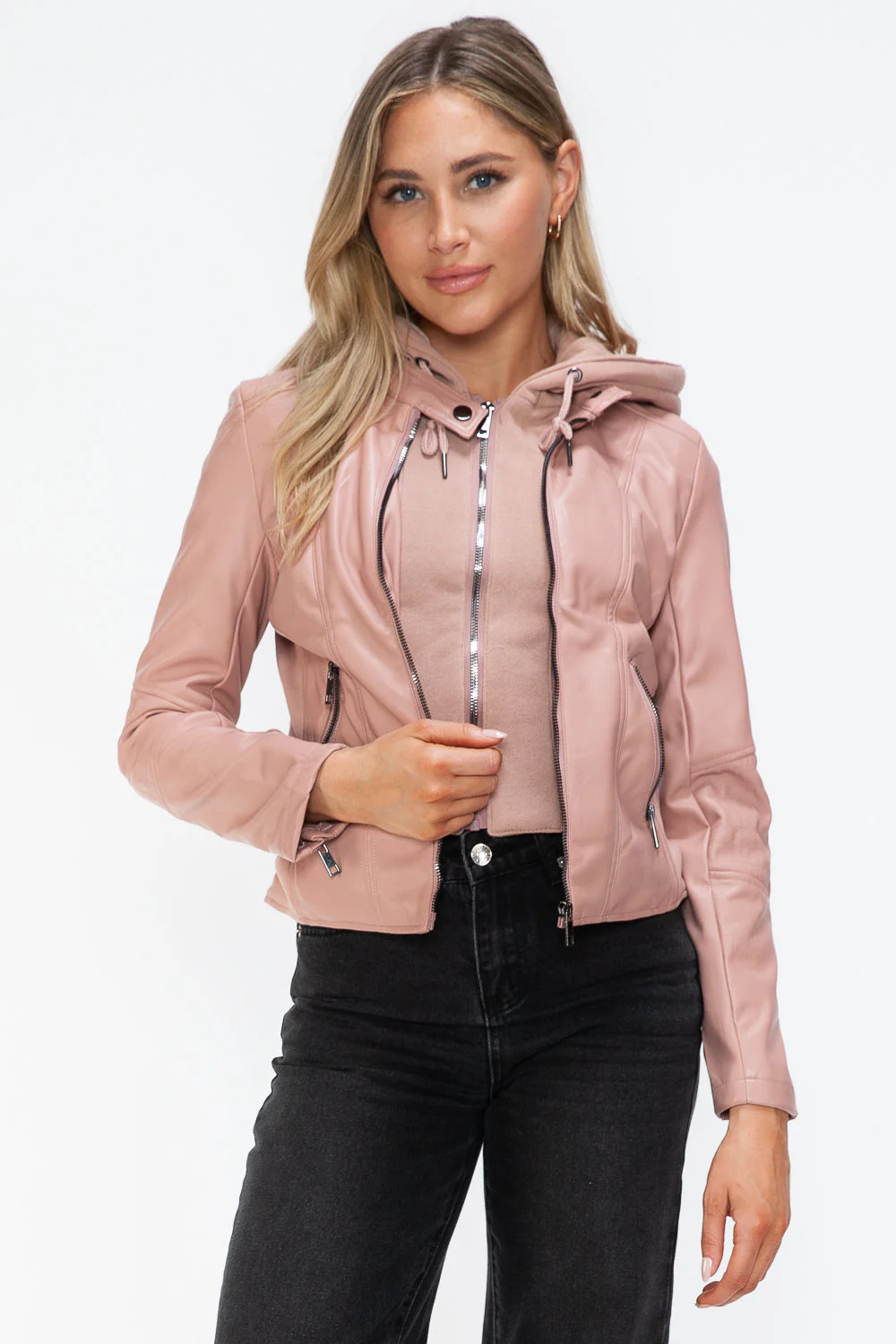 Snobbish Faux Leather Zip Up Drawstring Hooded Jacket - Image 6
