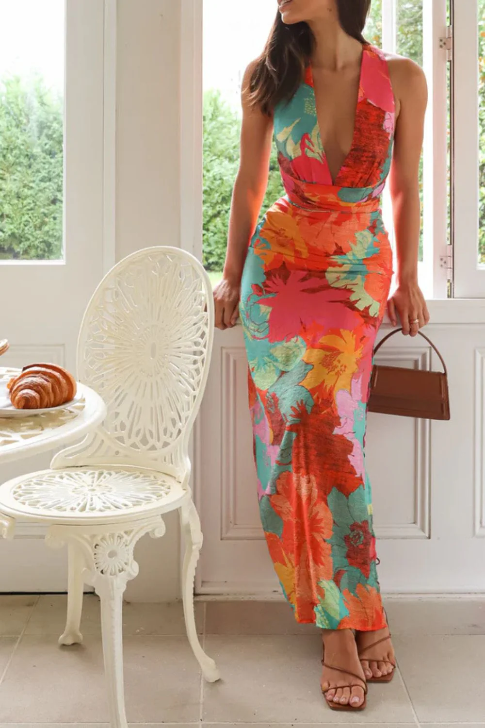 Split Crisscross Back Printed Plunge Maxi Dress - Image 5
