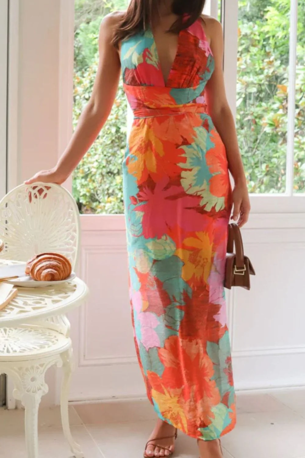 Split Crisscross Back Printed Plunge Maxi Dress - Image 6