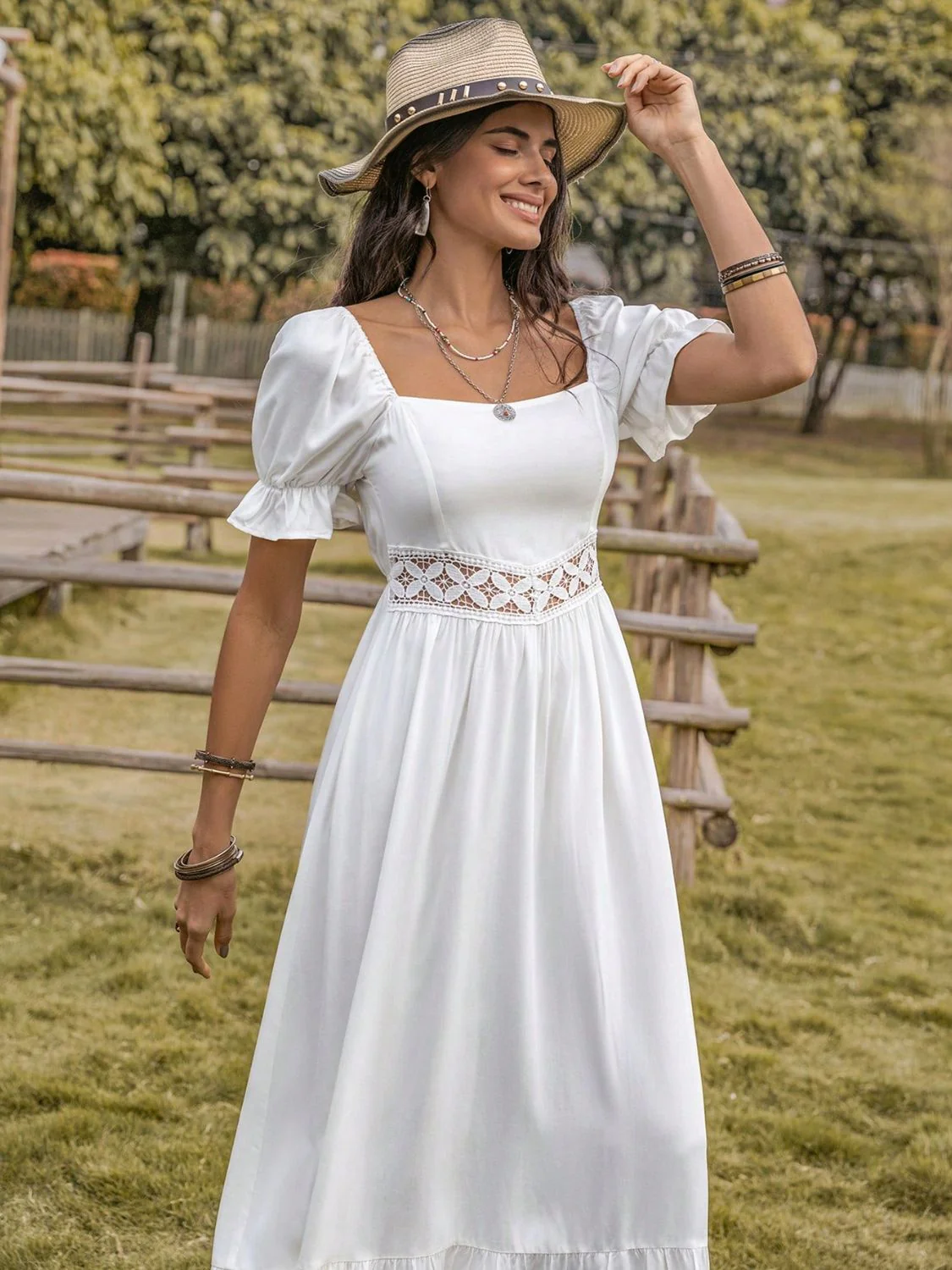 Square Neck Flounce Sleeve Midi Dress - Image 6