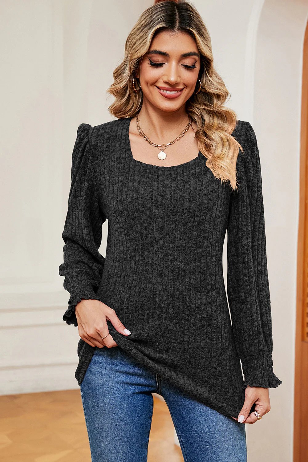 Square Neck Flounce Sleeve T-Shirt - Image 14