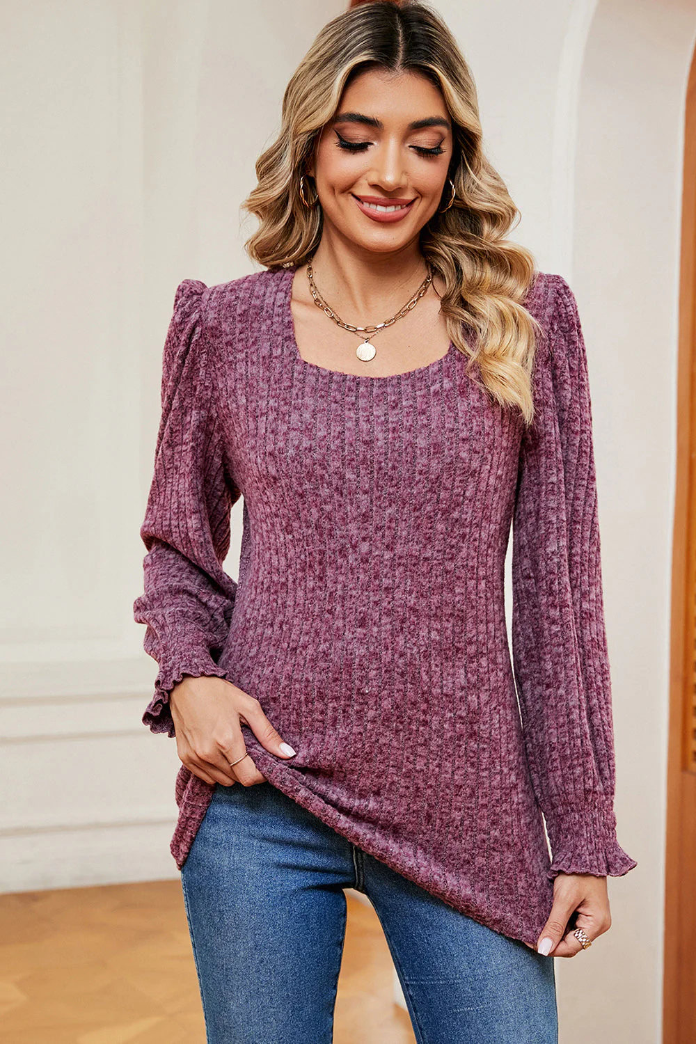 Square Neck Flounce Sleeve T-Shirt - Image 21