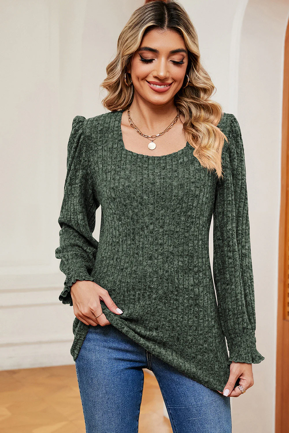 Square Neck Flounce Sleeve T-Shirt - Image 4