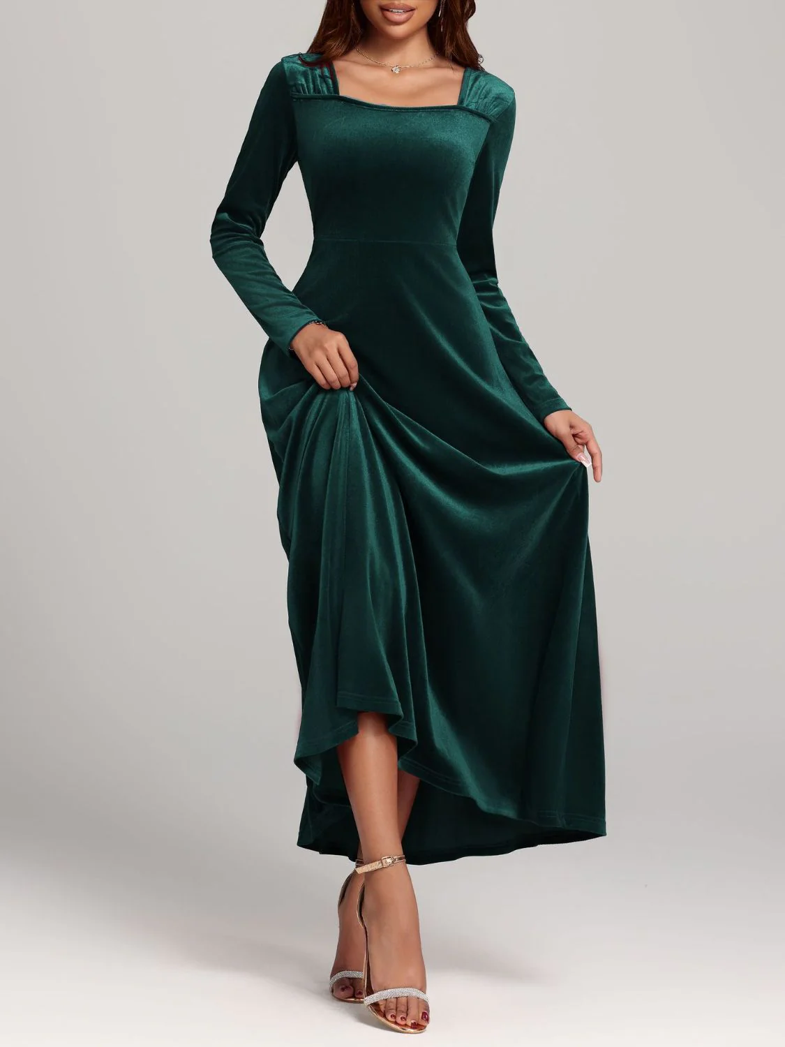 Square Neck Long Sleeve Velvet Dress - Image 11