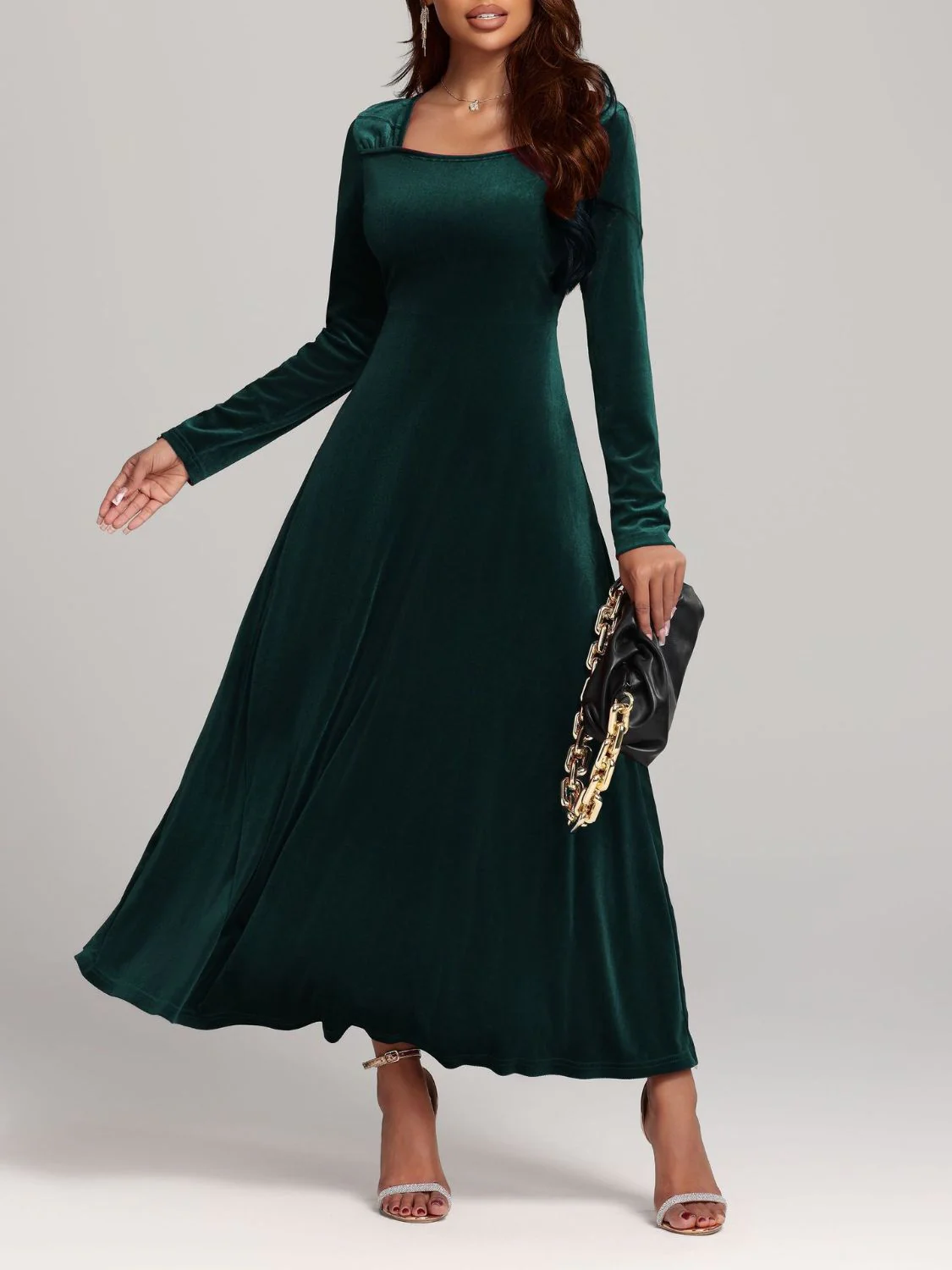 Square Neck Long Sleeve Velvet Dress - Image 12