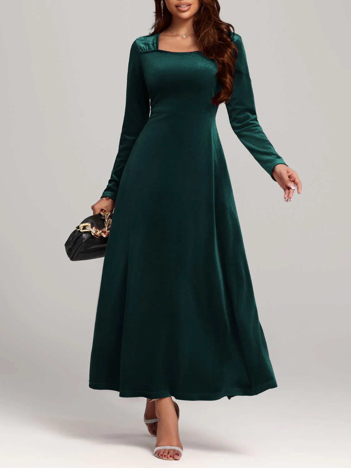 Square Neck Long Sleeve Velvet Dress - Image 13