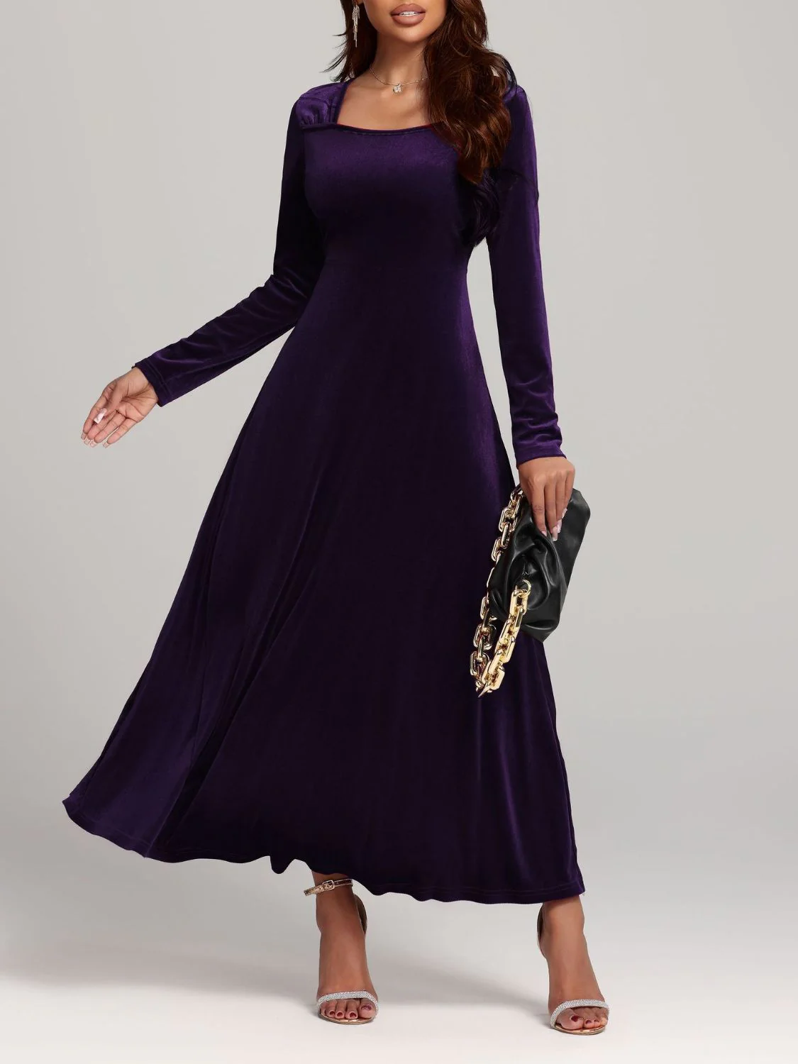 Square Neck Long Sleeve Velvet Dress - Image 15