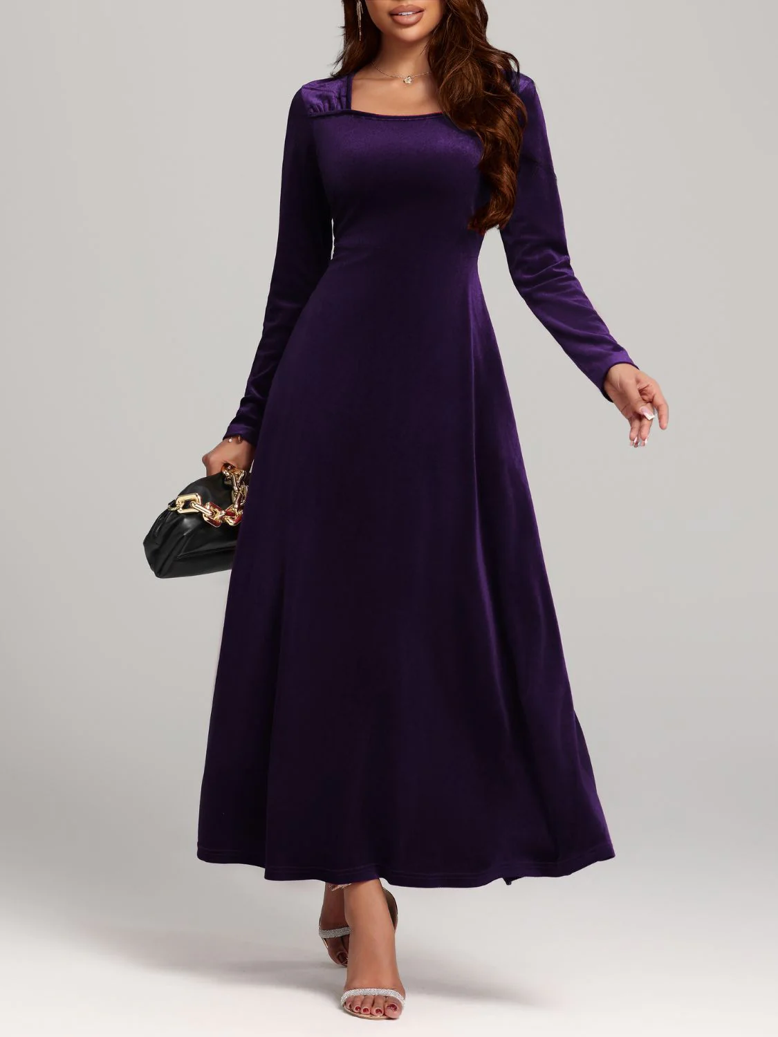 Square Neck Long Sleeve Velvet Dress - Image 16