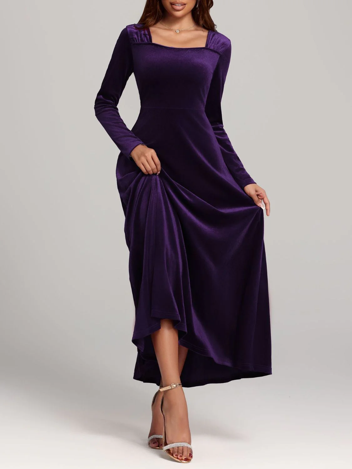 Square Neck Long Sleeve Velvet Dress - Image 17