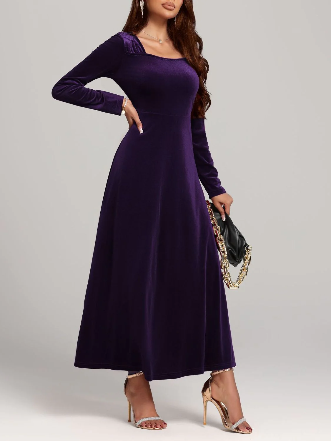 Square Neck Long Sleeve Velvet Dress - Image 18