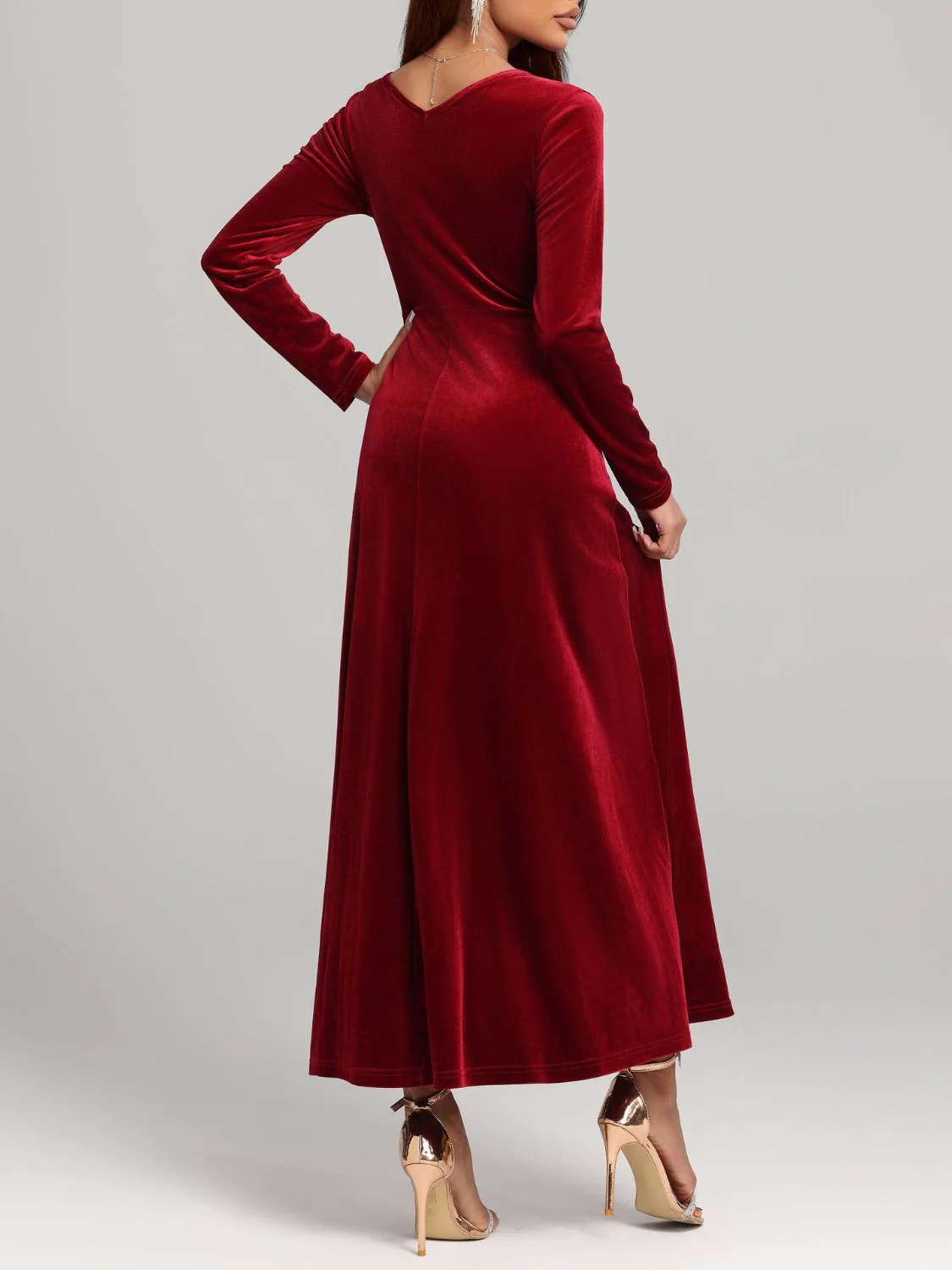 Square Neck Long Sleeve Velvet Dress - Image 2