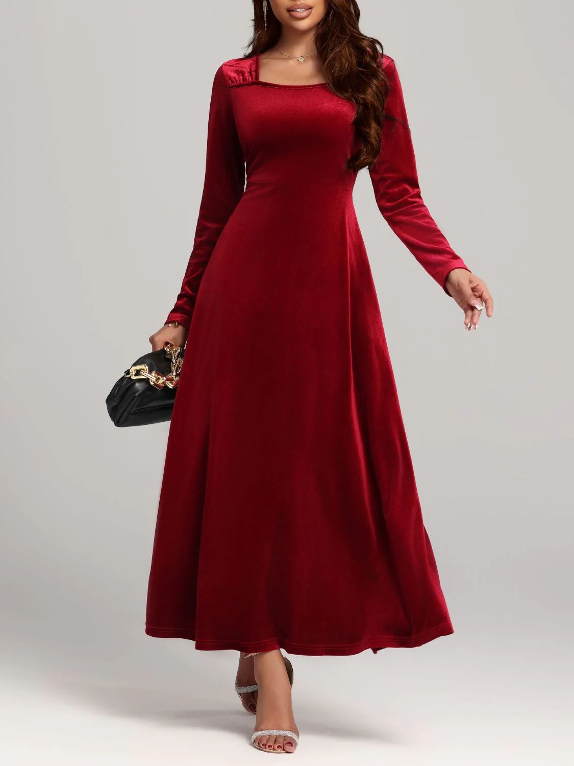 Square Neck Long Sleeve Velvet Dress - Image 3