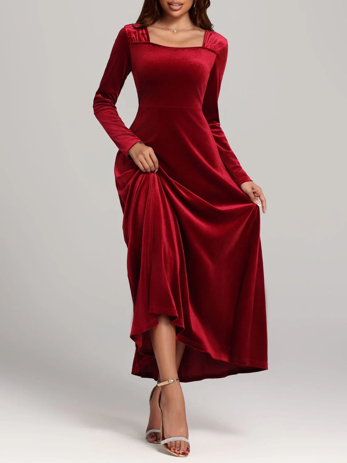 Square Neck Long Sleeve Velvet Dress - Image 4