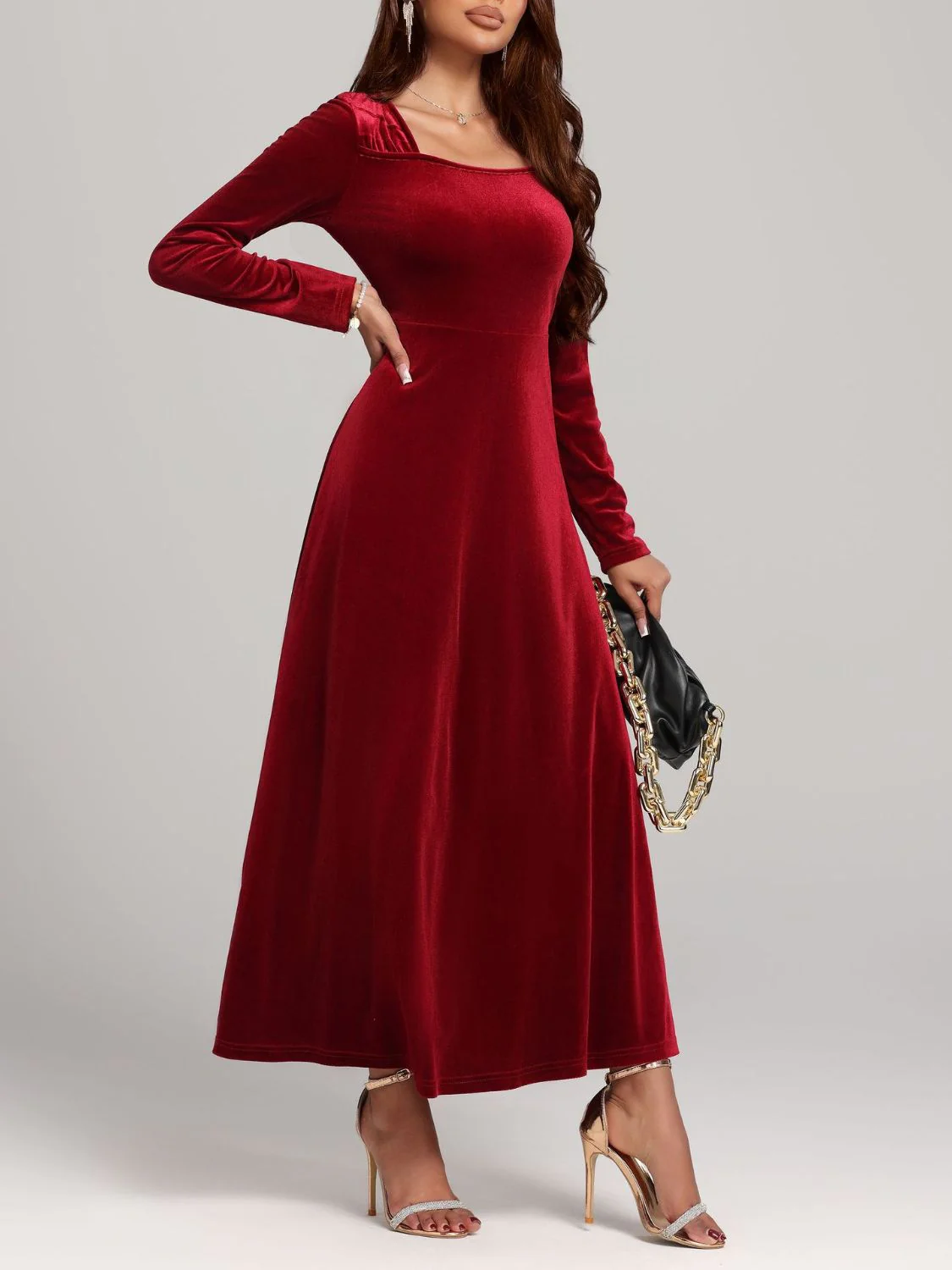 Square Neck Long Sleeve Velvet Dress - Image 5