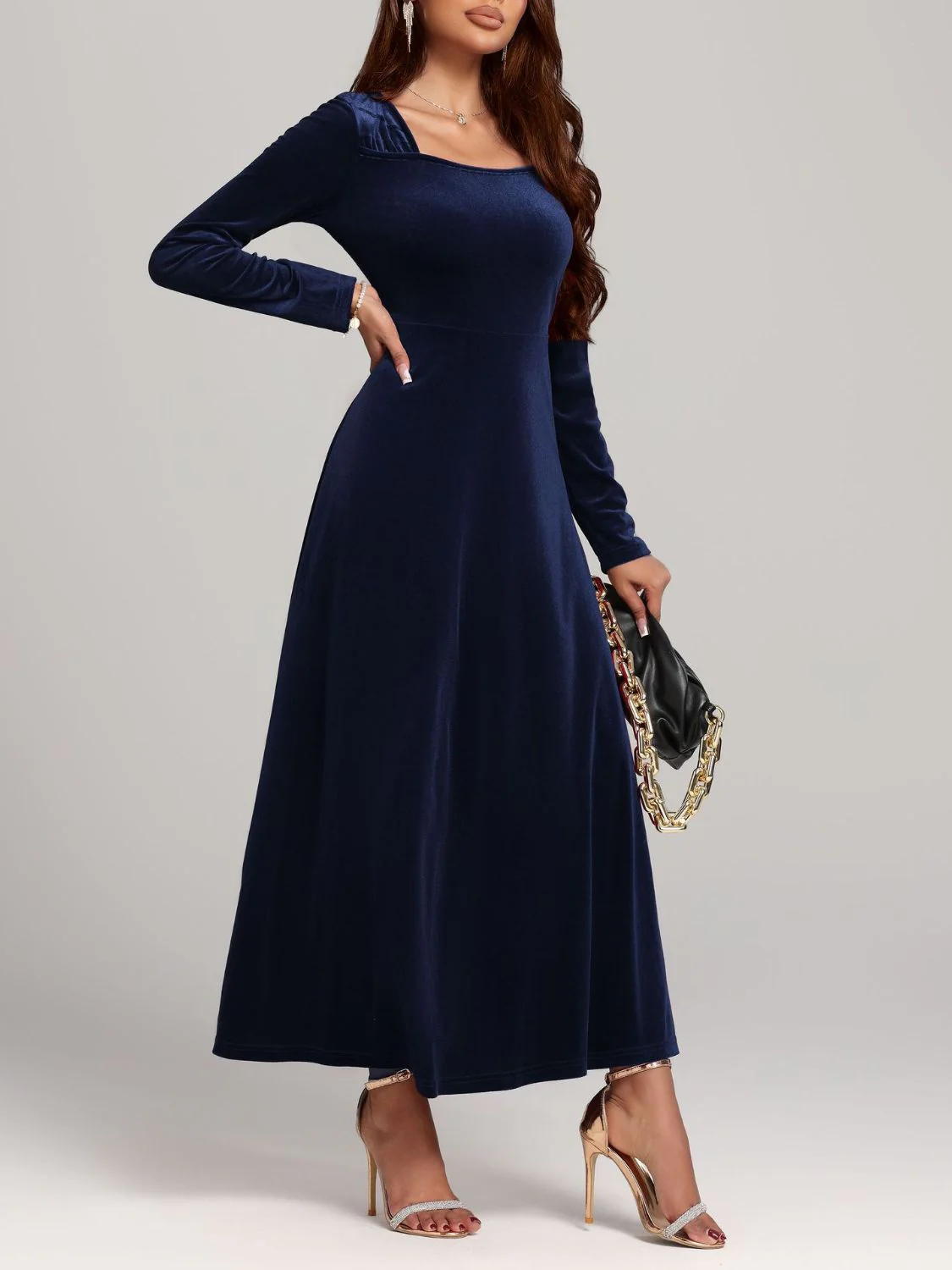 Square Neck Long Sleeve Velvet Dress - Image 6