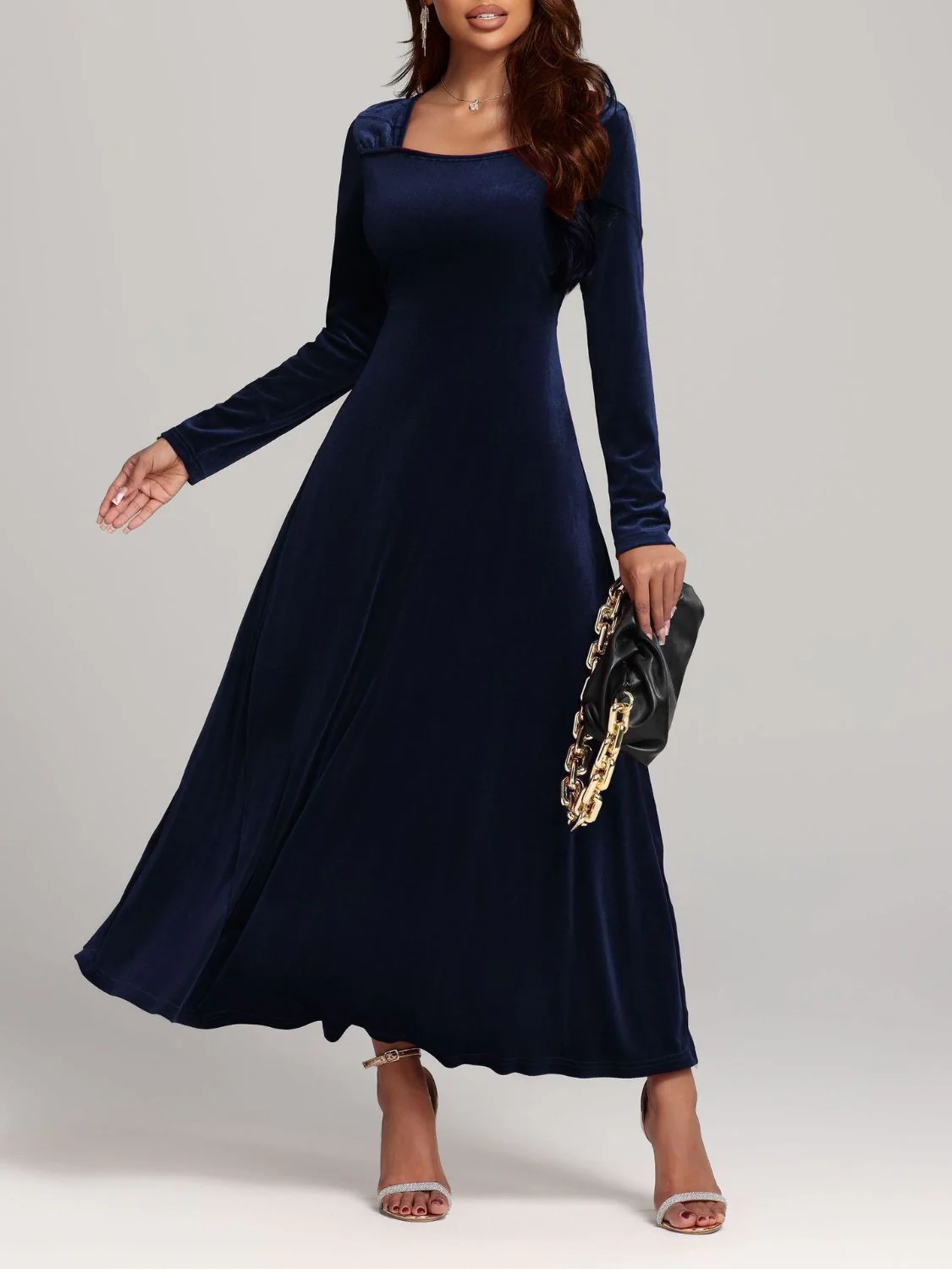 Square Neck Long Sleeve Velvet Dress - Image 7