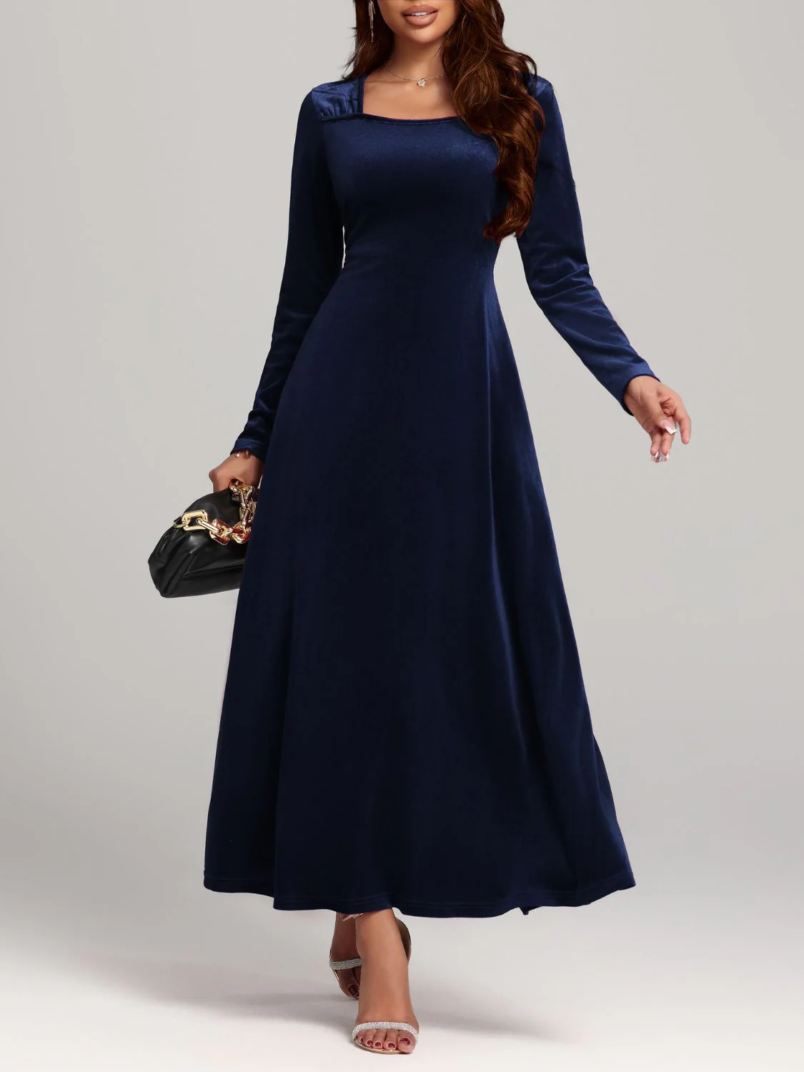 Square Neck Long Sleeve Velvet Dress - Image 8