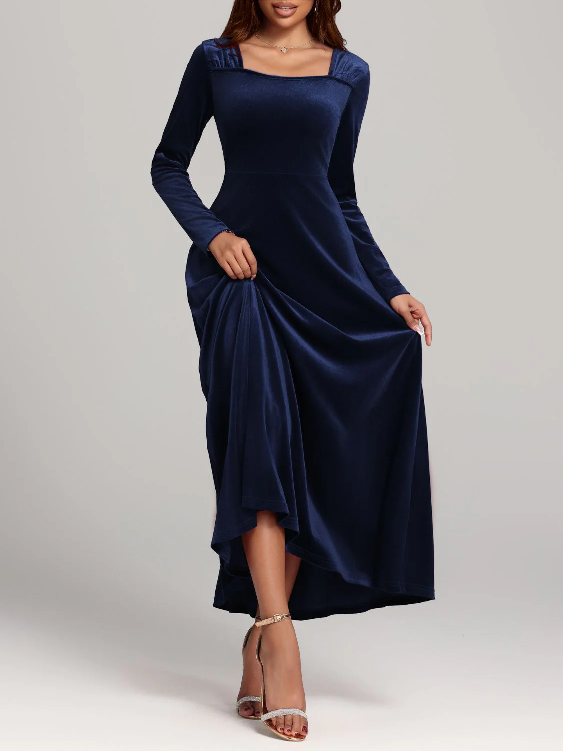 Square Neck Long Sleeve Velvet Dress - Image 9