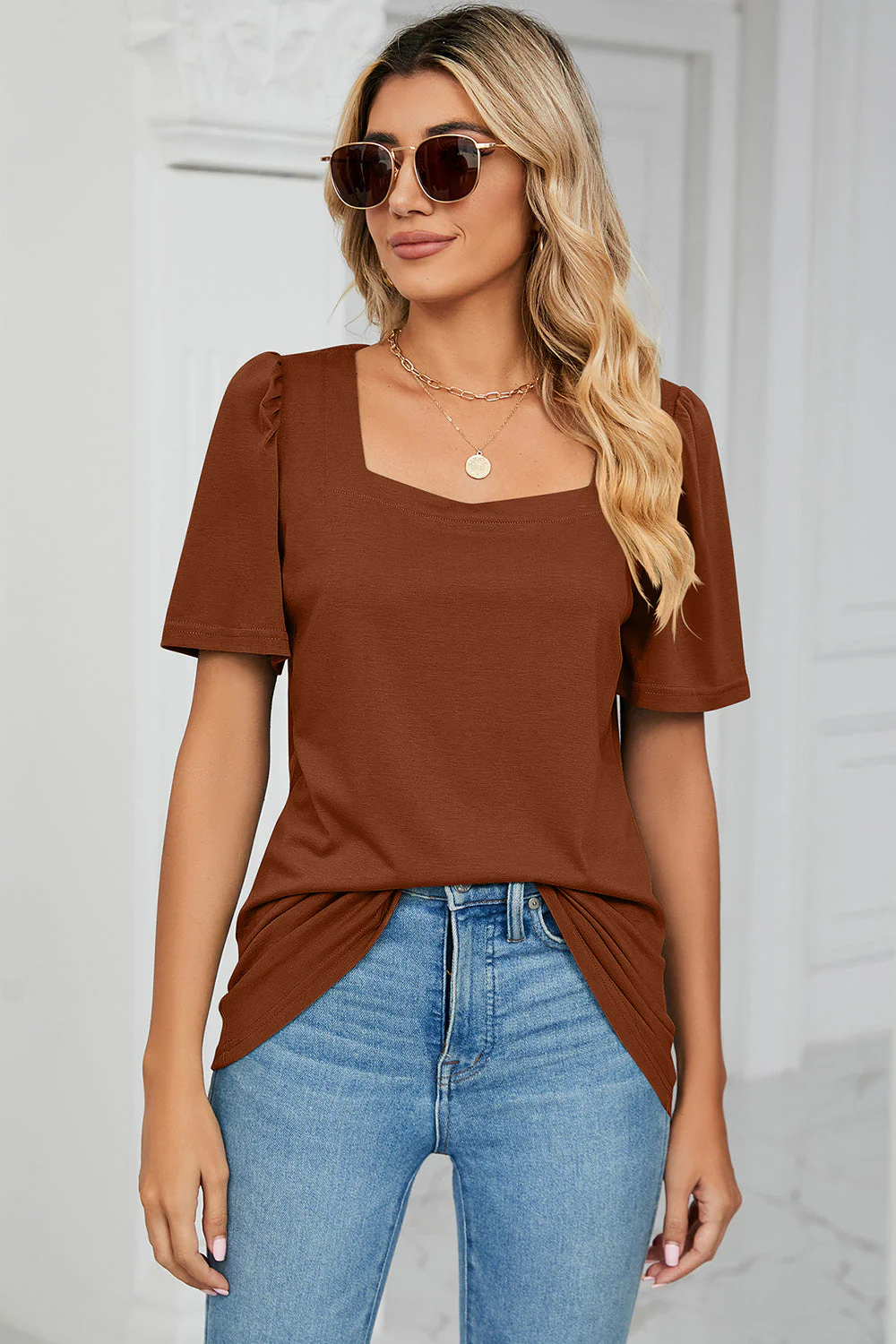 Square Neck Short Sleeve T-Shirt - Image 17