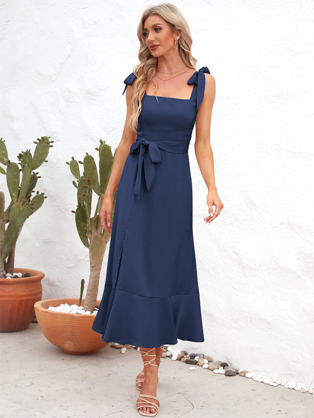 Square Neck Tie Strap Midi Dress - Image 10