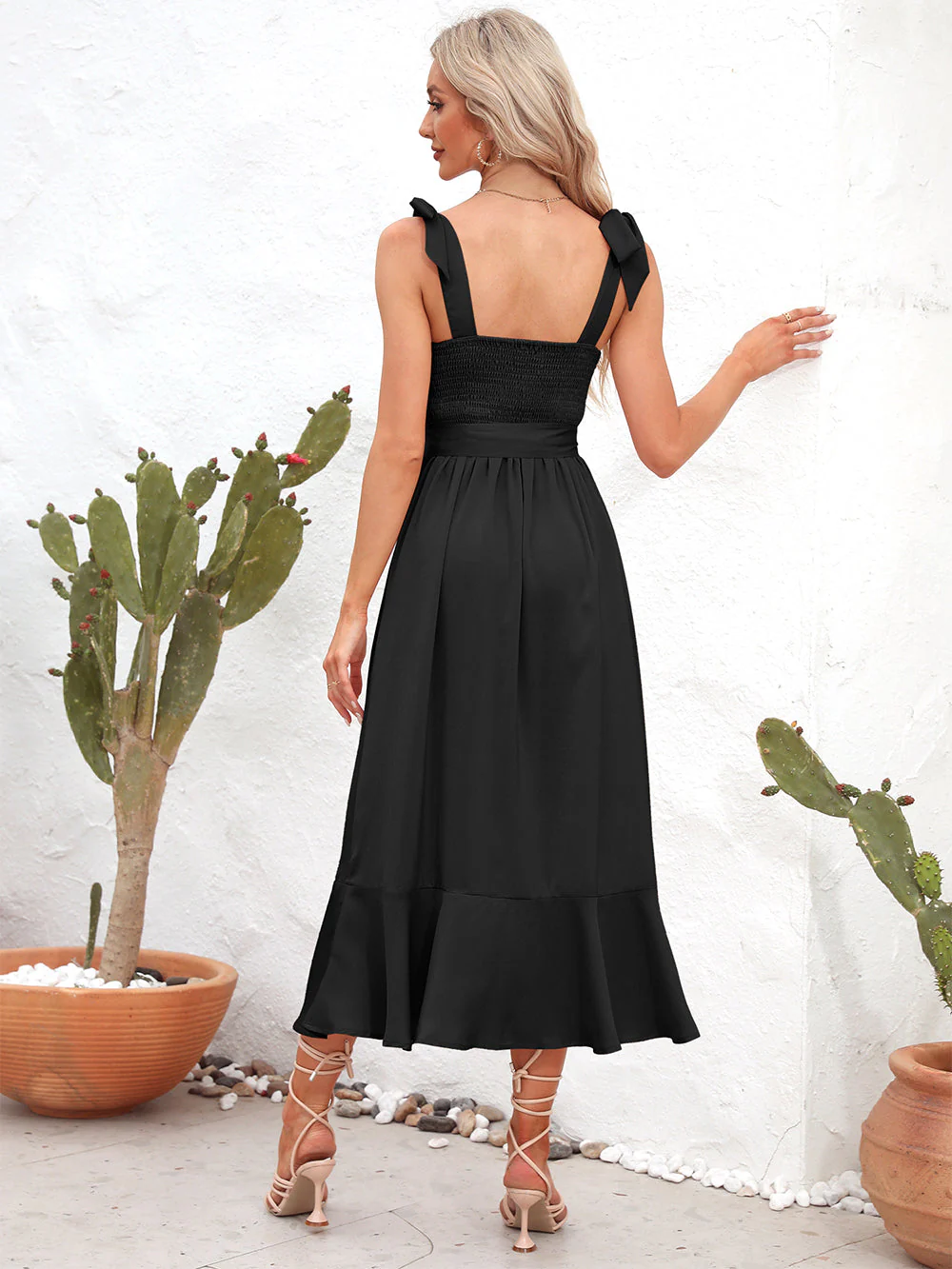 Square Neck Tie Strap Midi Dress - Image 2