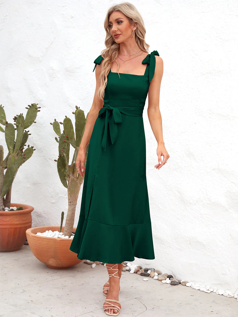 Square Neck Tie Strap Midi Dress - Image 4