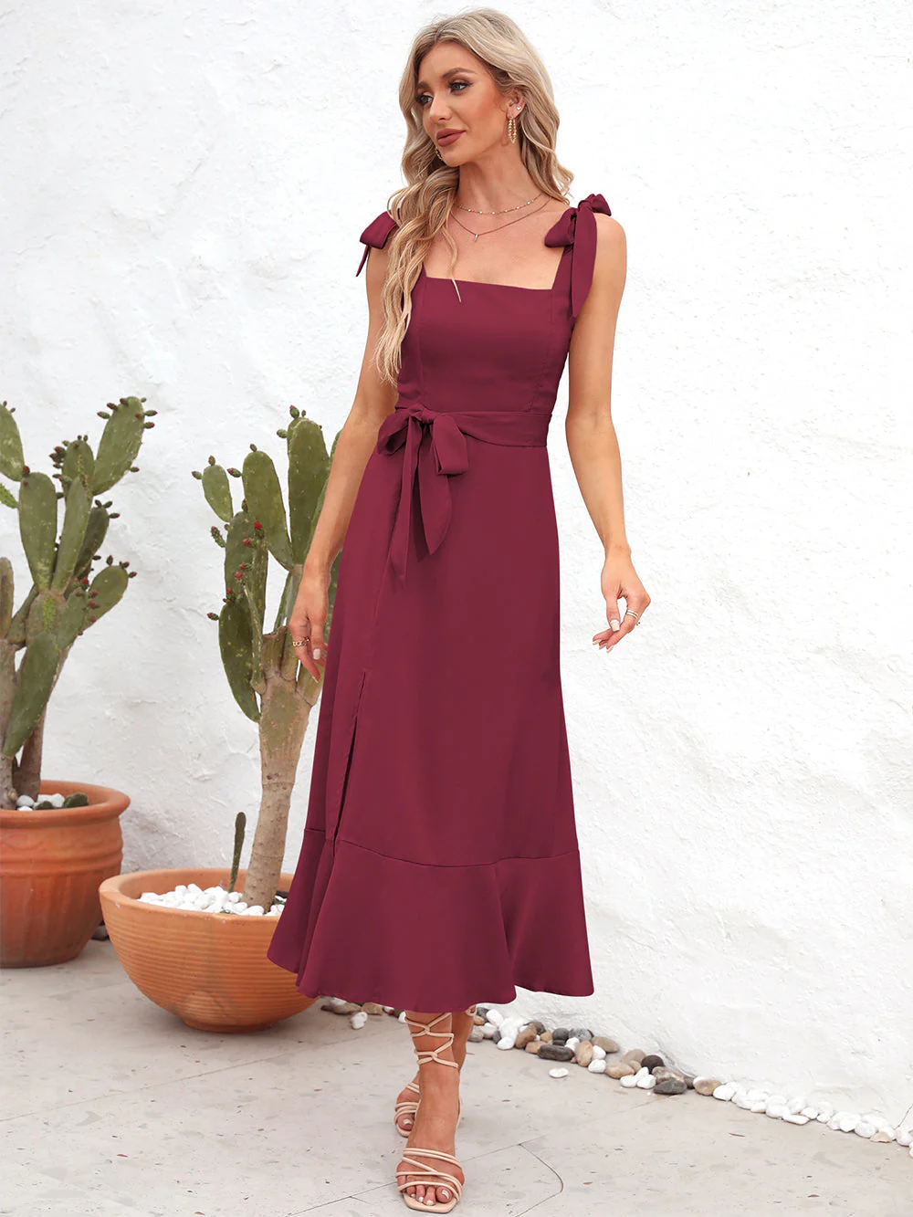 Square Neck Tie Strap Midi Dress - Image 7